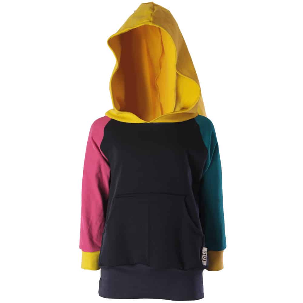 Navy blue sweatshirt with a yellow hood, one green sleeve and one orange. ToTo design