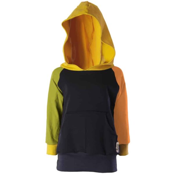 Navy blue sweatshirt with a yellow hood, one green sleeve and one orange. ToTo design