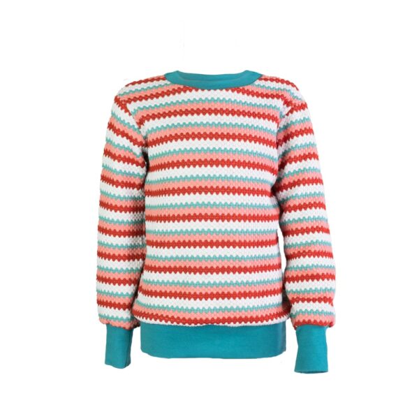 Sudadera tricolor, rojo, rosa y turquesa.